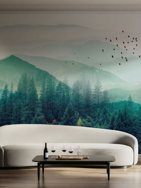 Papier peint forêt verte brumeuse avec oiseaux