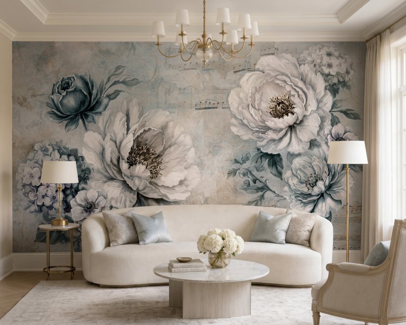 Leichte Blumen Fototapete mit Musiknoten
