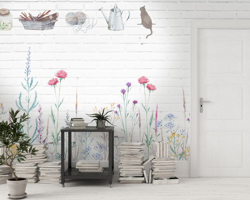 Watercolor Colorful Floral with White Brick Wall Wallpaper Mural