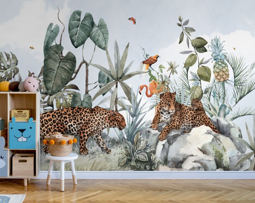 Kids Watercolor Forest with Leopard Wild Animals Wallpaper Mural