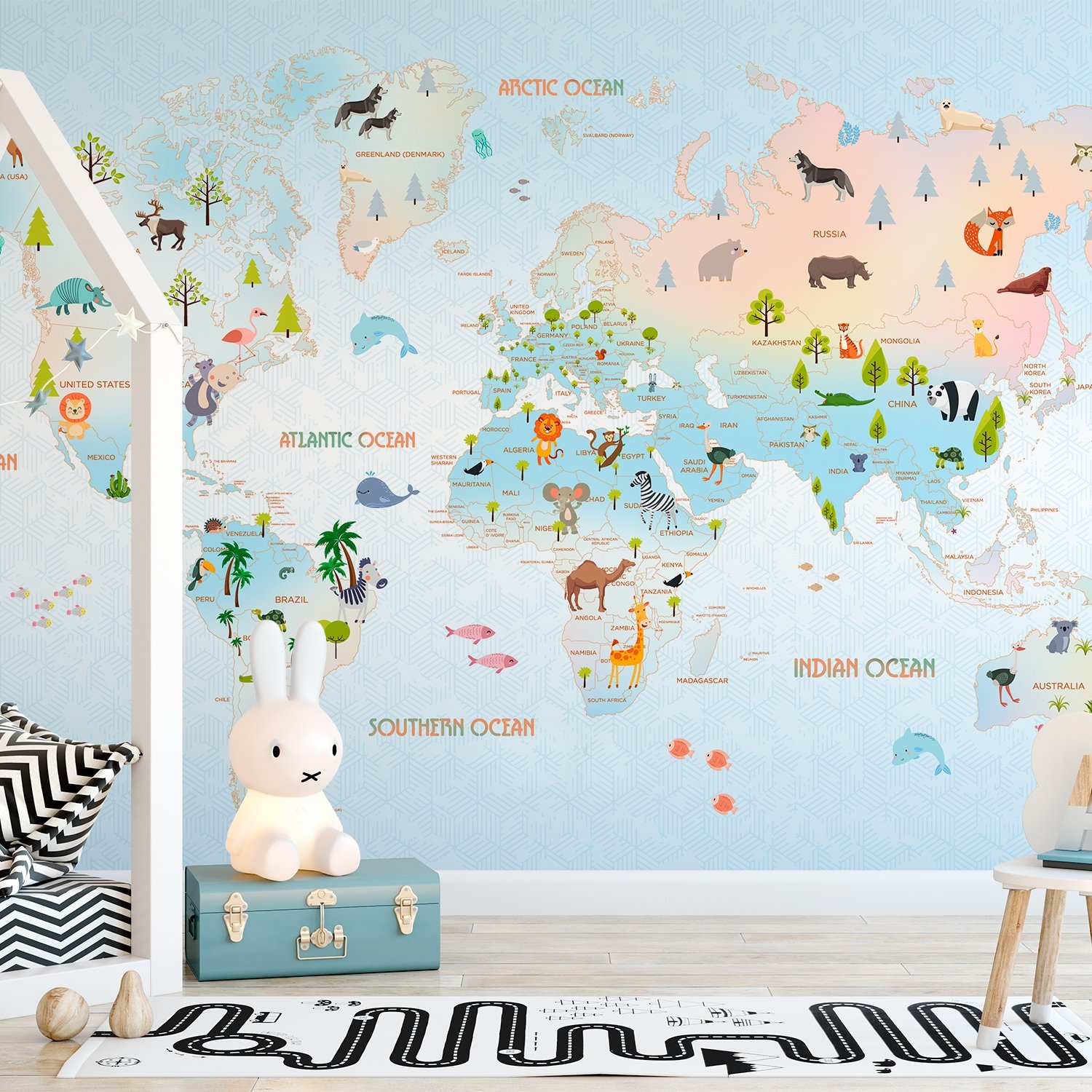 Kids Blue Pink Yellow World Map with Cartoon Animals Wallpaper Mural - Peel and Stick