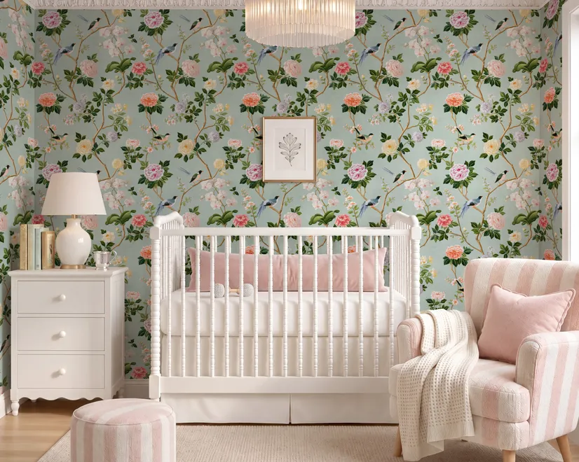 Chinoiserie wallpaper with peach birds, orchids and peonies on a pale duck egg blue ground
