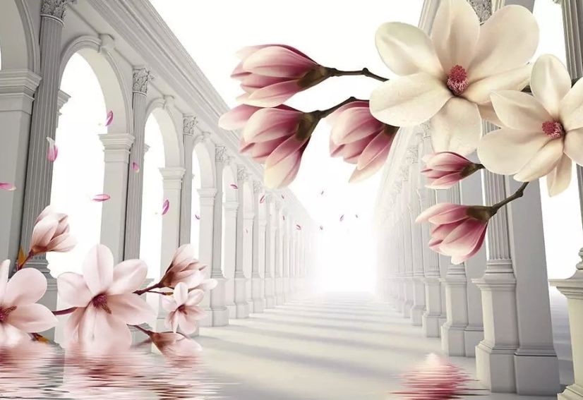 Magnolia Blossom with Column Wallpaper Mural