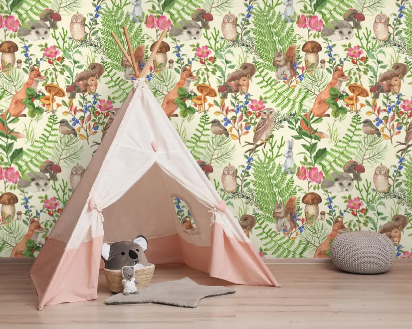 Watercolor Cute Kids Forest Animals in Forest Wallpaper Mural