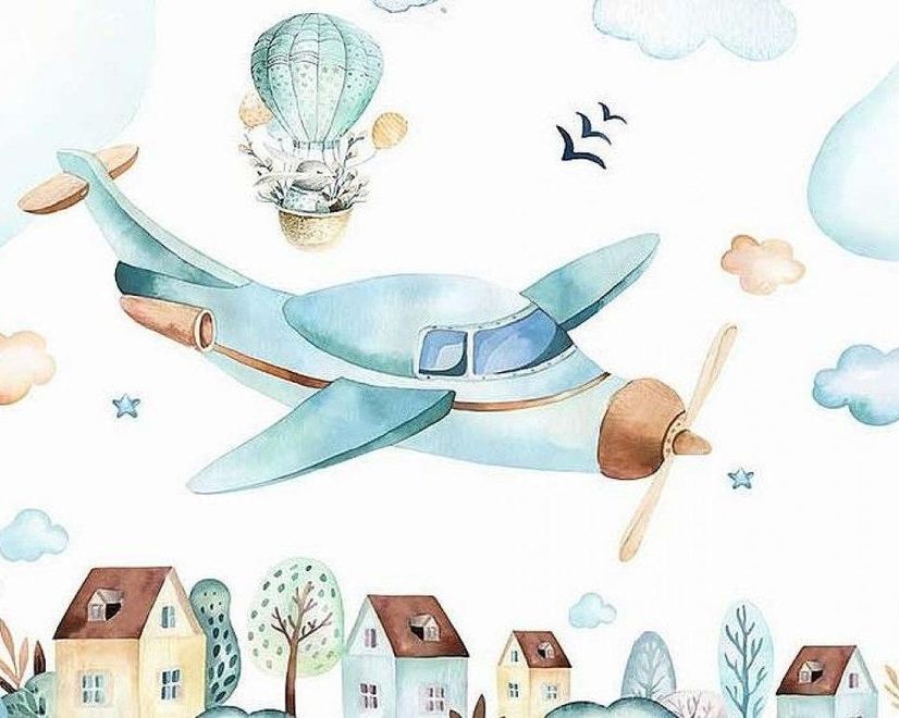 Watercolor Cartoon Village and Airplane Wallpaper Mural