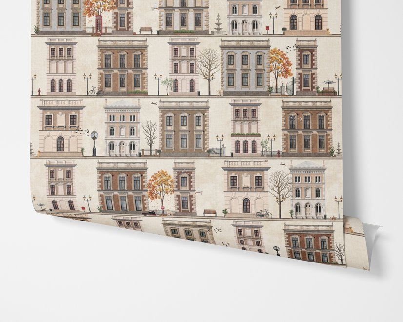 Vintage city wallpaper with illustrated European townhouses, lamps, bicycles, benches and orange-gold trees
