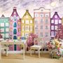 Papier peint panoramique maisons colorées arbres rouges style hollandais enfants