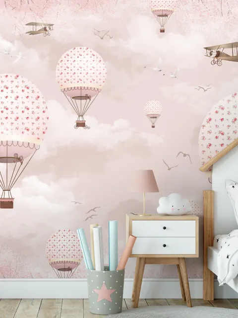 Kids Girls Pink Sky of Hot Air Balloon and Aircraft Wallpaper Mural