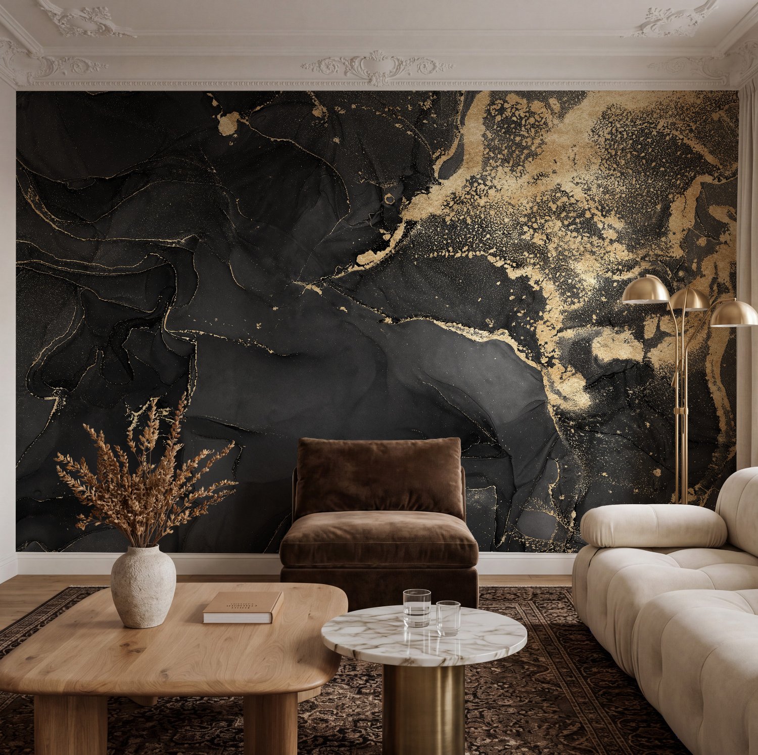 Dark Marble with Gold Faux Wallpaper Mural - Peel and Stick