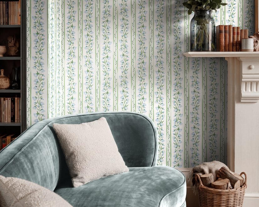 Blue floral stripe wallpaper with pale sky-blue bell flowers, green vines and sage bands on white