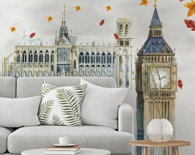 London Big Ben and Westminster with Autumn Leaves Wall Decal Sticker