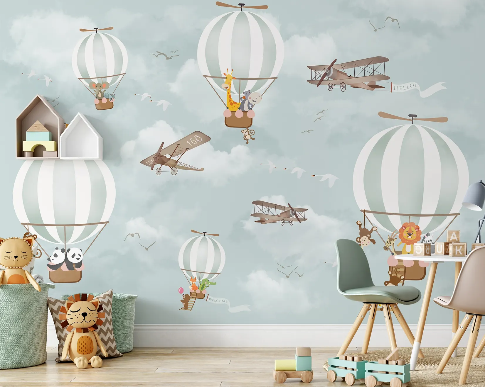 Kids Nursery Hot Air Balloon with Cartoon Animals Wallpaper Mural ...