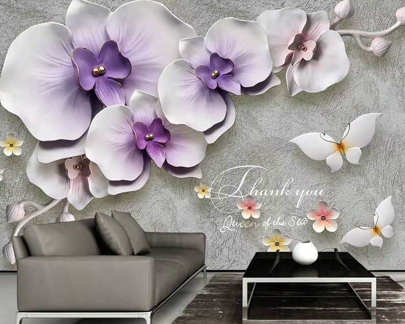 3D Embossed Look Purple Orchids Wallpaper Mural