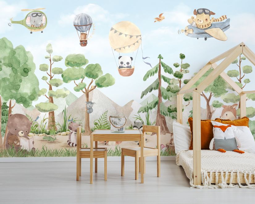 Kids Forest Animals with Flying Animals Wallpaper Mural