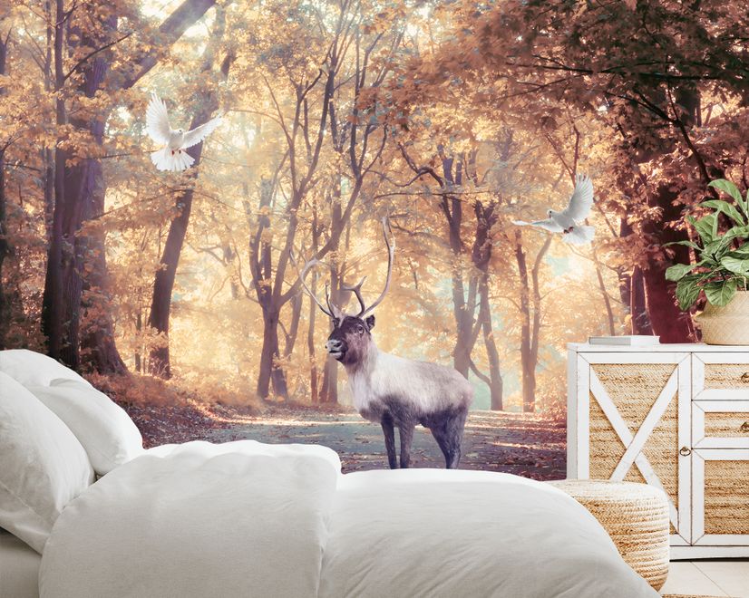 Watercolor Forest and Elk Wallpaper Mural
