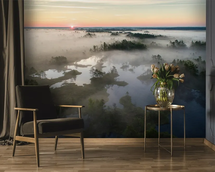 Foggy Rive Forest Landscape Wallpaper Mural