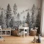Monochrome forest with fog wallpaper mural showing tall pine trees, firs and silver-grey mist