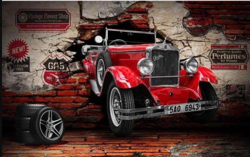 3D Look Vintage Car Wallpaper Mural - Peel and Stick