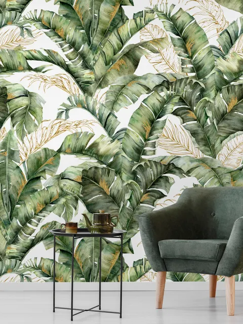 Watercolor Tropical Banana Leaf with Faux Gold Details Wallpaper Mural