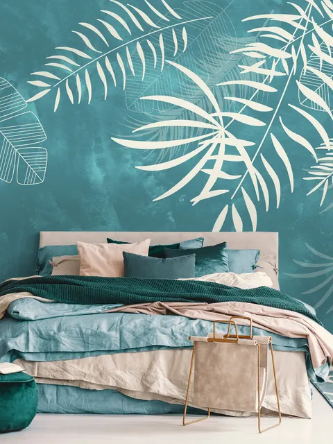 White Tropical Leaves Wallpaper Mural
