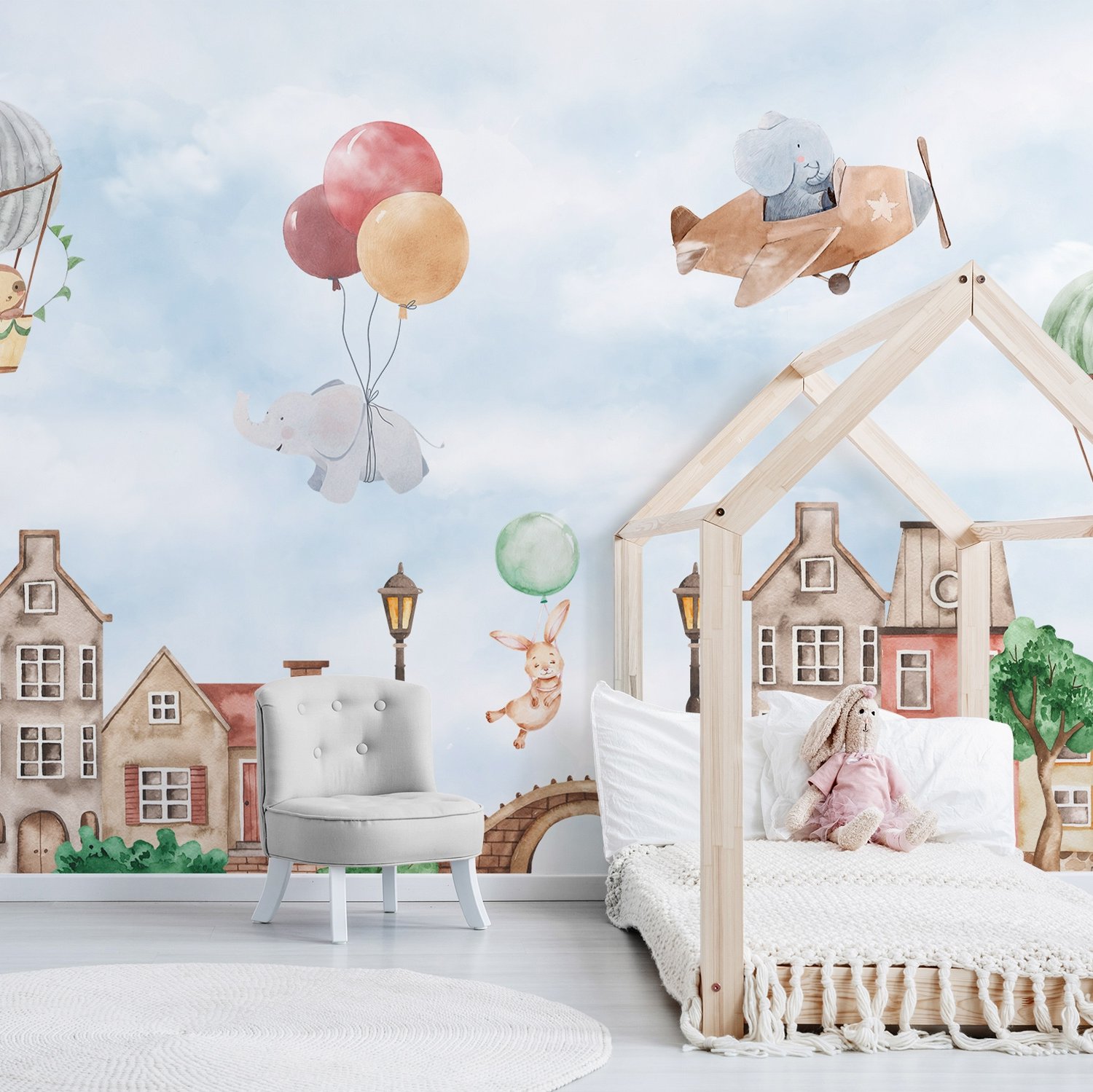 Watercolor Cute Houses with Flying Animals Wallpaper Mural for Kids - Peel and Stick