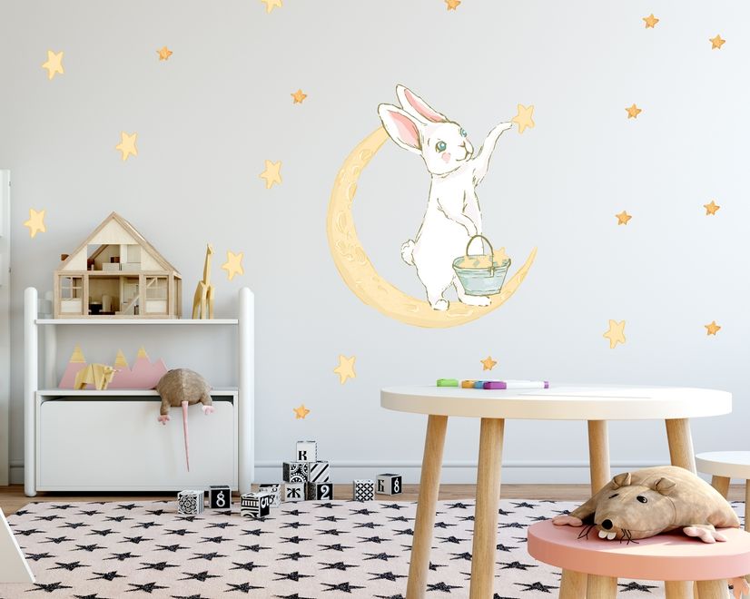 Nursery Cute Rabbit on the Crescent Moon and Yellow Stars Wall Decal Sticker
