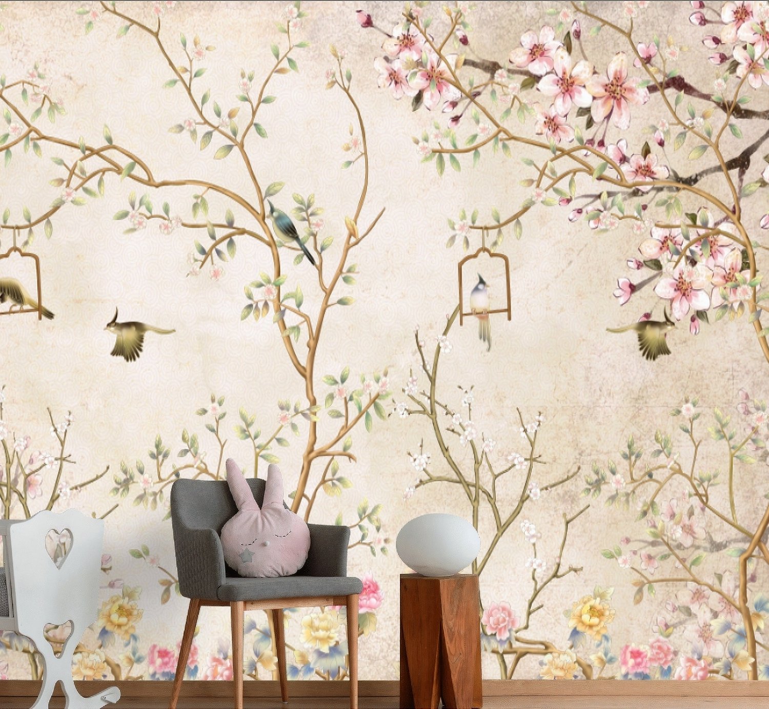 Soft Chinese Florals with Little Birds Wallpaper Mural - Peel and Stick