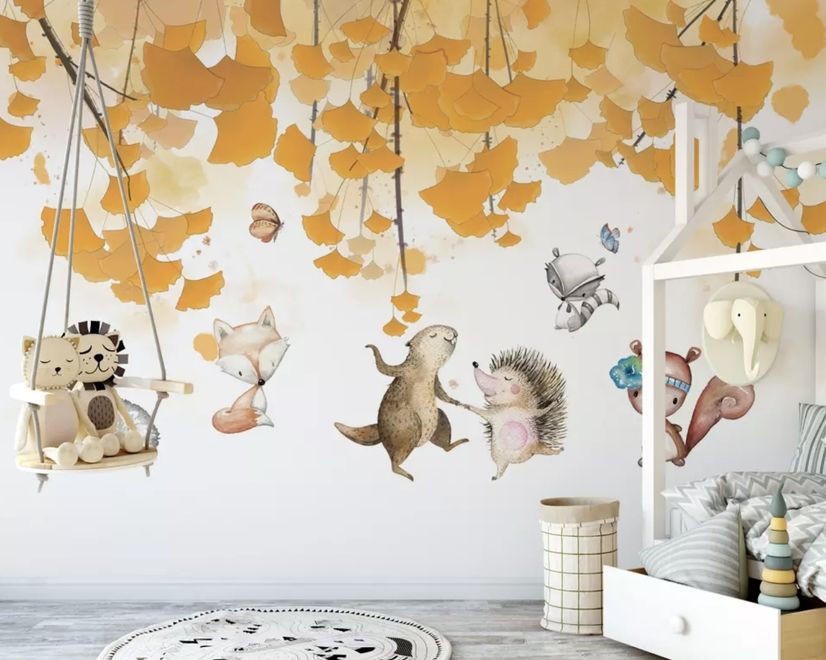 Papier peint feuilles d'automne avec animaux de dessins animés