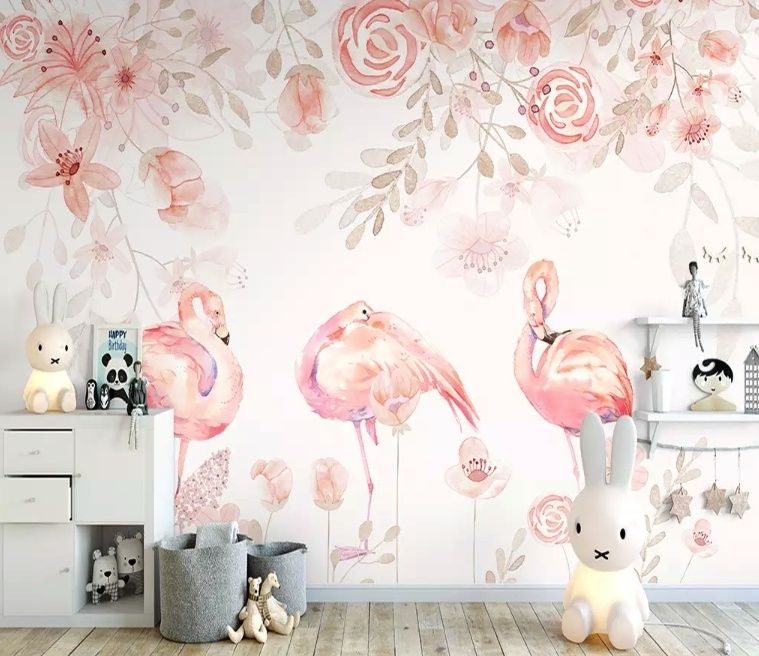 Pink Flamingo with Pink Flowers Wallpaper Mural