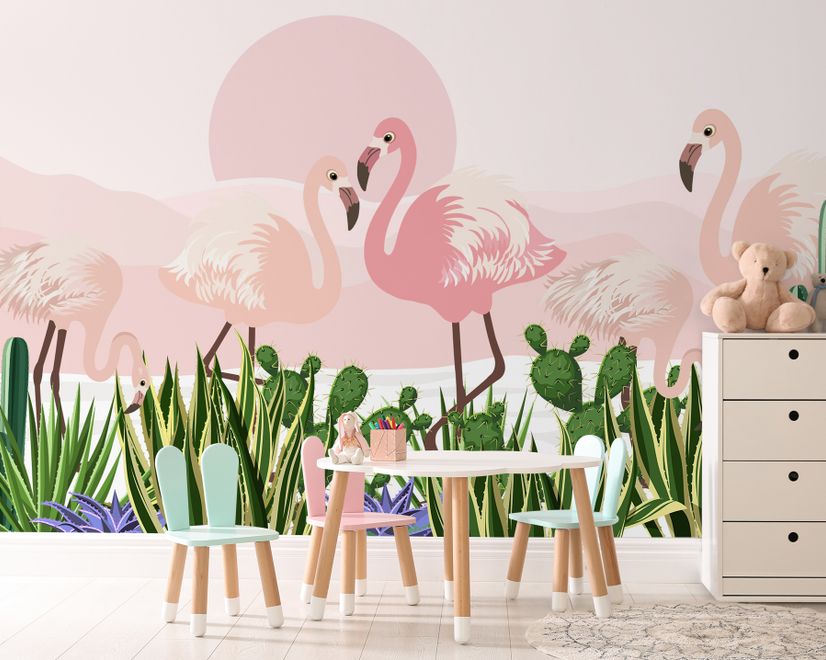 Flamingo with Cactus Wallpaper Mural