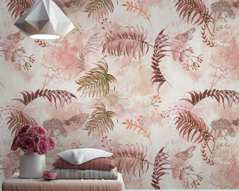 Pink Leaf and Blossom Wallpaper Mural