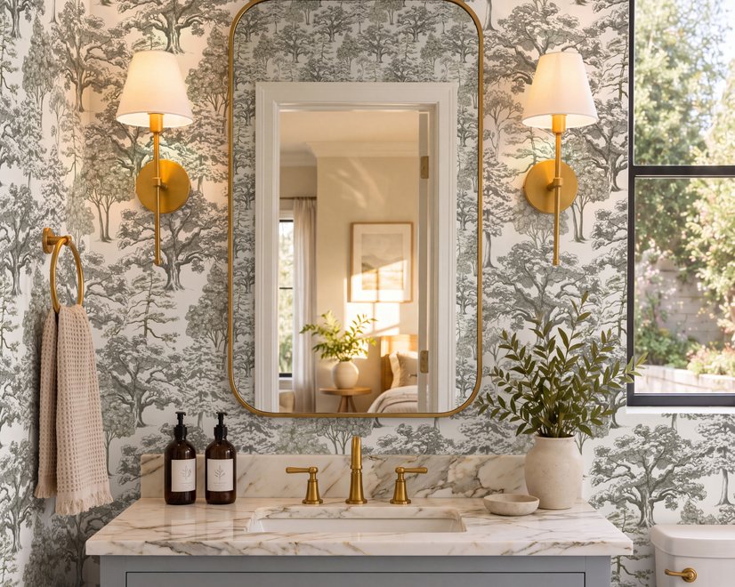 Monochrome wallpaper with grey tree toile on a clean white ground