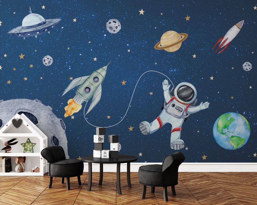 Kids Watercolor Space with Spaceship and Astronaut Wallpaper Mural