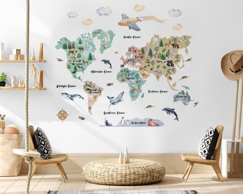 Kids Watercolor World Map Wall Decal Sticker