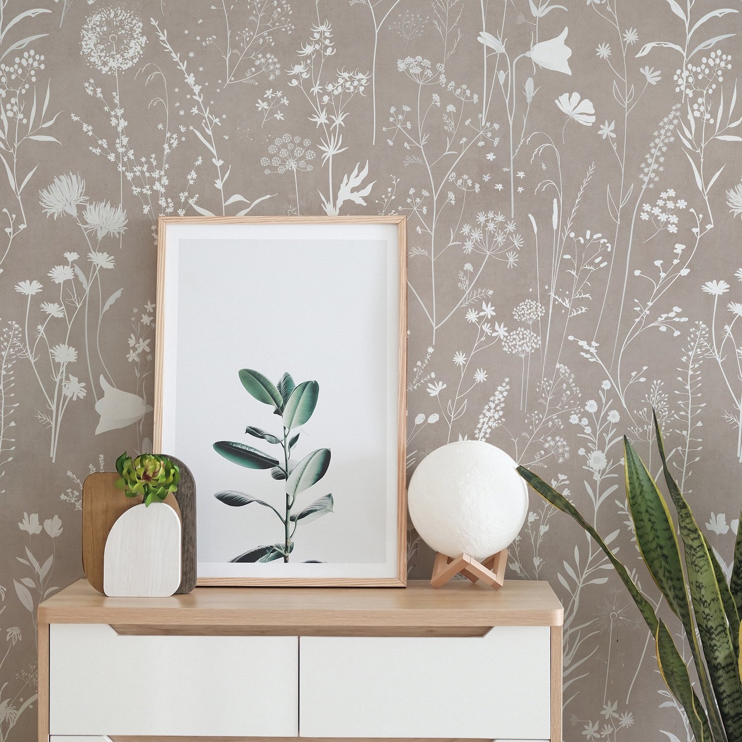 Bohemian Style Neutral Color Wild Flowers Art Wallpaper Mural - Peel and Stick