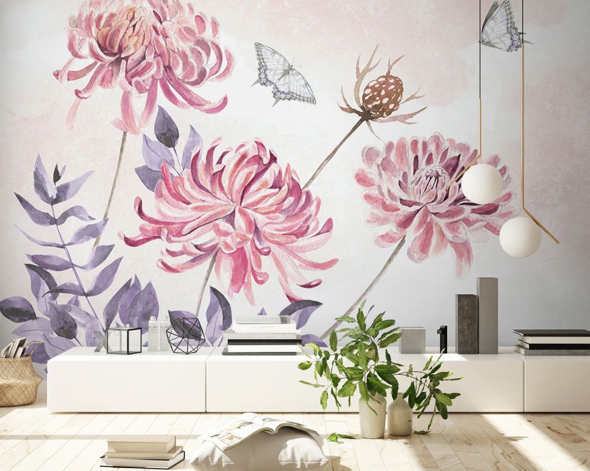 Retro Watercolor Pink Dandelion Flower Art Wallpaper Mural