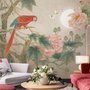 Papier peint panoramique nostalgique avec fleurs de pivoine et perroquet
