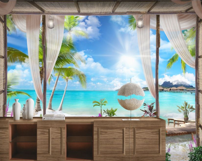 3D Look  Blue Sea Landscape with Old Arches and Palm Trees Wallpaper Mural