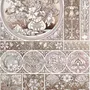 Antique wallpaper mural with Art Nouveau floral tile panels, sepia borders and blush botanical medallions