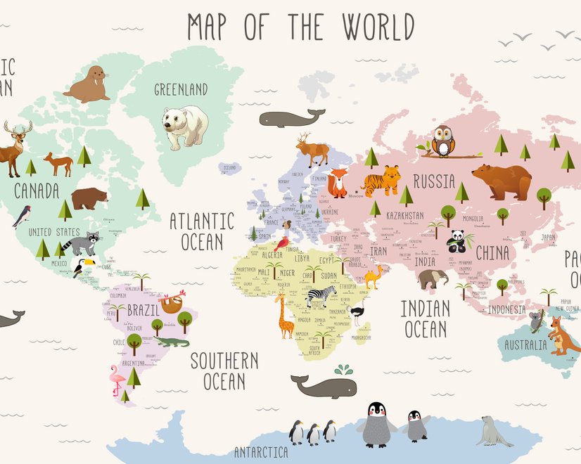  Carte  éducatif en Anglais - Papier peint carte du monde éducative avec animaux pour enfants et bébé