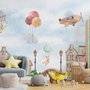 Aquarell Niedliche Häuser mit Fliegenden Tieren Fototapete für Kinder