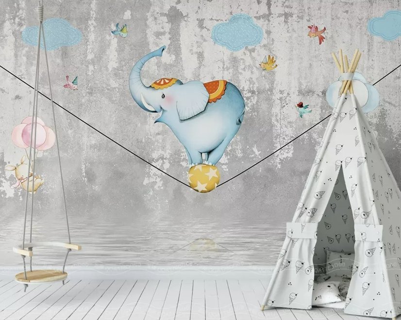 Papier peint panoramique funambule avec éléphant de dessin animé sur la balle