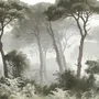 Forest in fog wallpaper with tall pine trees, grey mist, shrubs and a spiky palm in watercolour.
