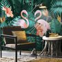 Papier peint panoramique corail et rose avec feuilles tropicales