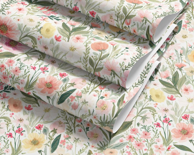 Pink wallpaper with watercolour blush, coral and yellow wildflowers, sage leaves and stems on a warm cream-white ground.