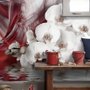 Swan and White Orchid with Red Smoke Pattern Wallpaper Mural