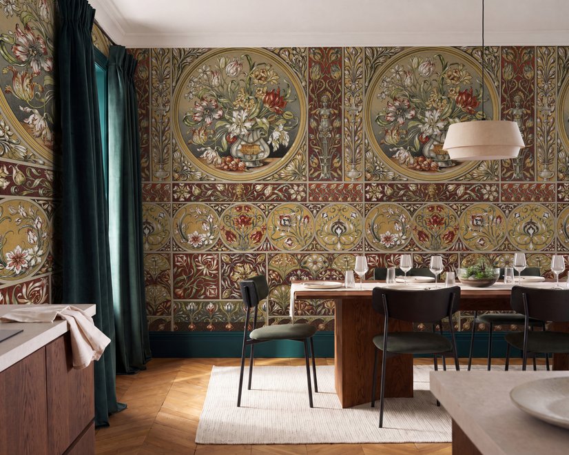 Antique style wallpaper mural with tulip vase medallion, floral tile panels and burgundy borders