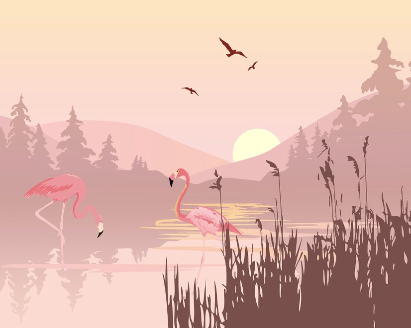 Papier peint paysage rose au lever du soleil avec des flamants roses