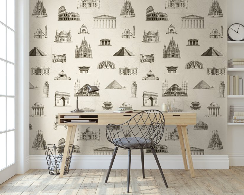 Vintage World Architecture Sketch Wallpaper Mural
