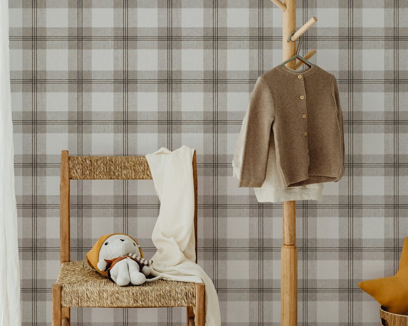 Neutral beige and brown plaid wallpaper with cream squares, taupe woven blocks and fine dark brown lines